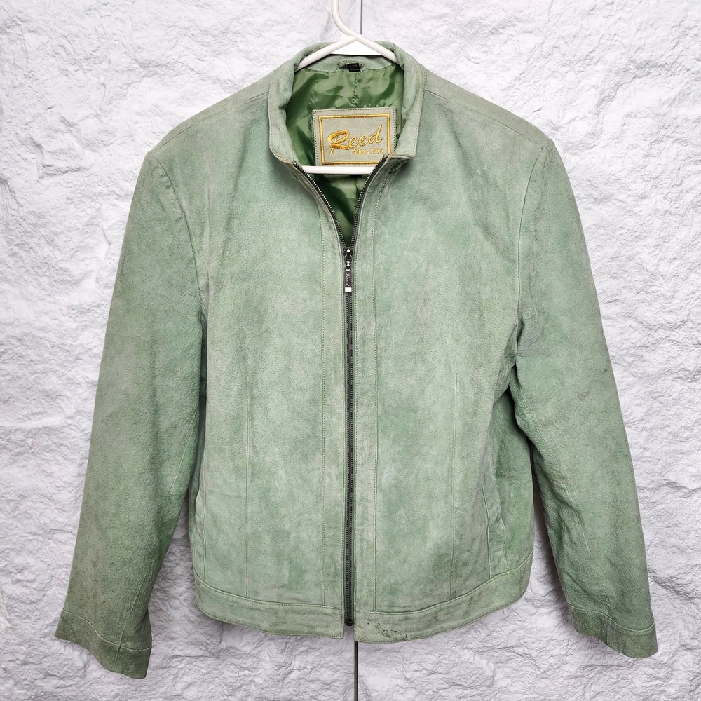 Vintage Y2K Reed Sage Green Suede Jacket Leather Zip Up Pastel Bomber XL Fits L
